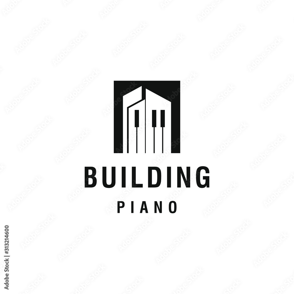 A piano instrument logo design template. Awesome a piano with building logo. A piano with building lineart logotype.