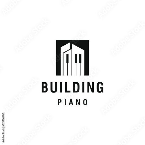 A piano instrument logo design template. Awesome a piano with building logo. A piano with building lineart logotype.