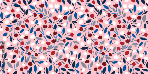 Vector floral pattern with tulips flowers and leaves on a pastel pink background. Hand-drawn vector illustration. Beautiful spring background for textile, book covers, wallpaper, print, gift wrap...