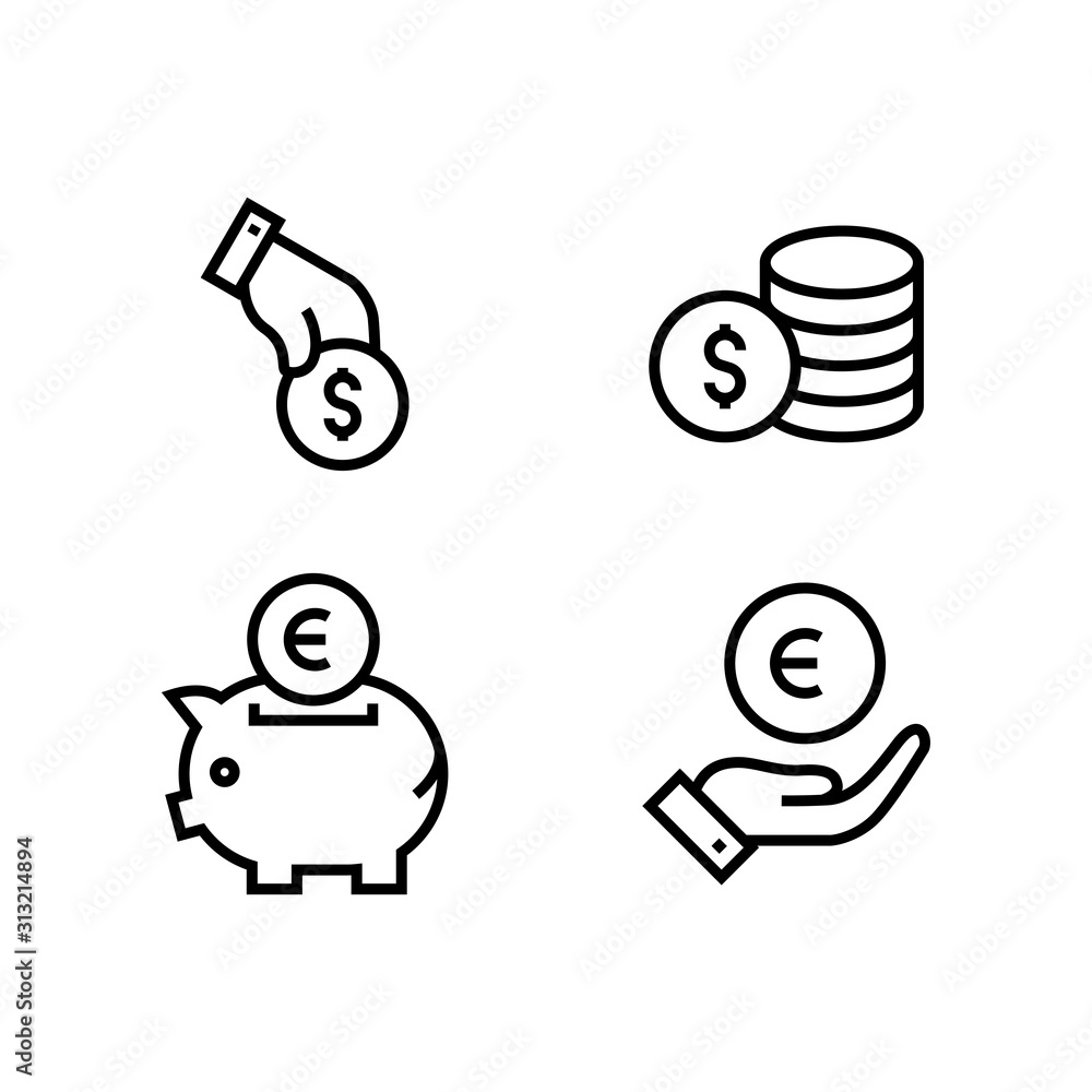 Money icon set simple outline flat symbols illustration