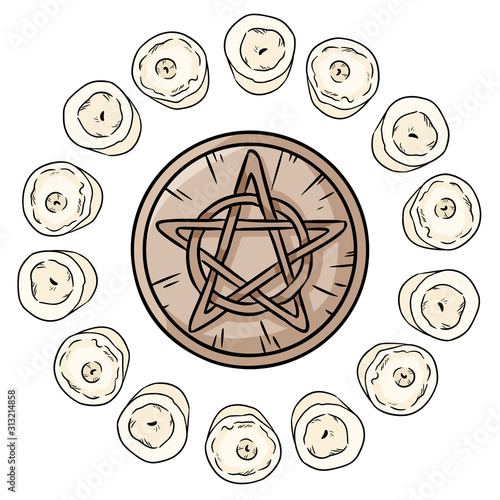 Pentacle occult sign in a circle of white candles. Wooden pentagram hand drawn magic doodle. Wiccan altar setting. Hand drawn wicca design