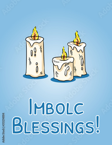 Imbolc Blessings beginning of spring pagan holiday postcard. White candles symbol. Vector flyer