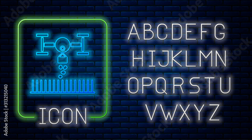 Glowing neon Smart farm with drone control for seed planting icon isolated on brick wall background. Innovation technology for agricultural company. Neon light alphabet. Vector Illustration