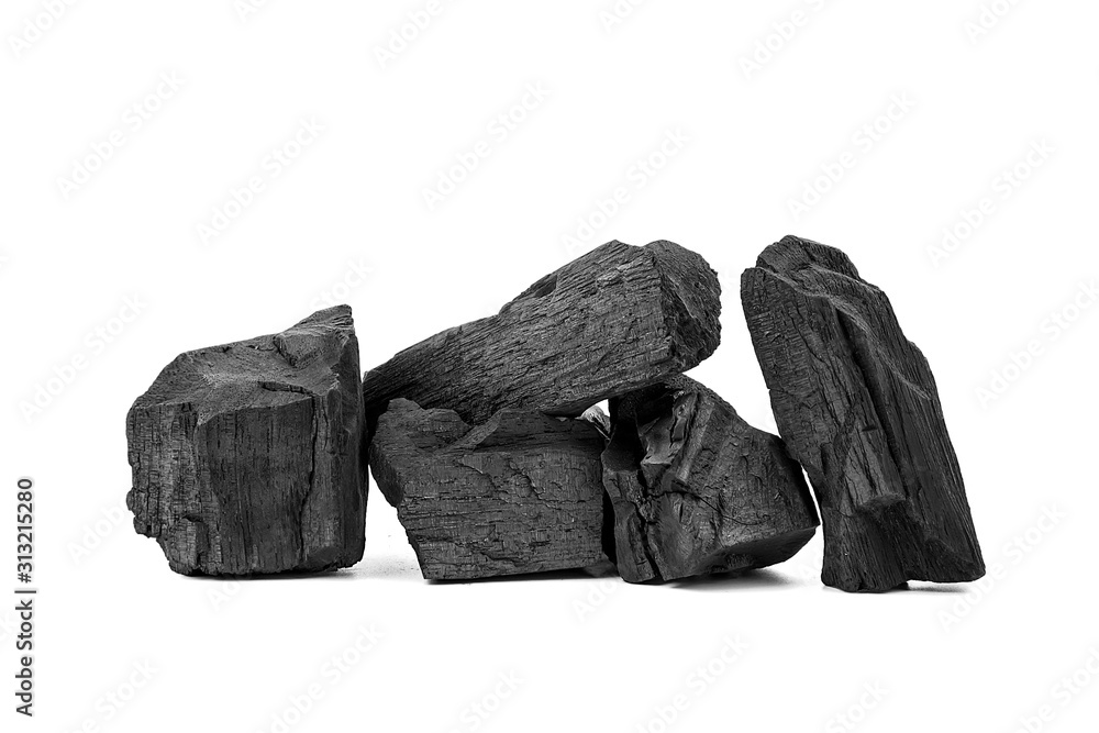 Natural wooden charcoal, Traditional or hard wood charcoal isolated on white background.