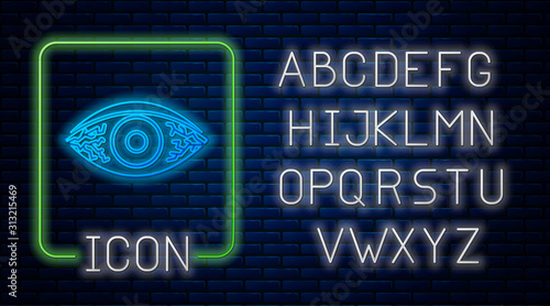 Glowing neon Reddish eye due to viral, bacterial or allergic conjunctivitis icon isolated on brick wall background. Neon light alphabet. Vector Illustration