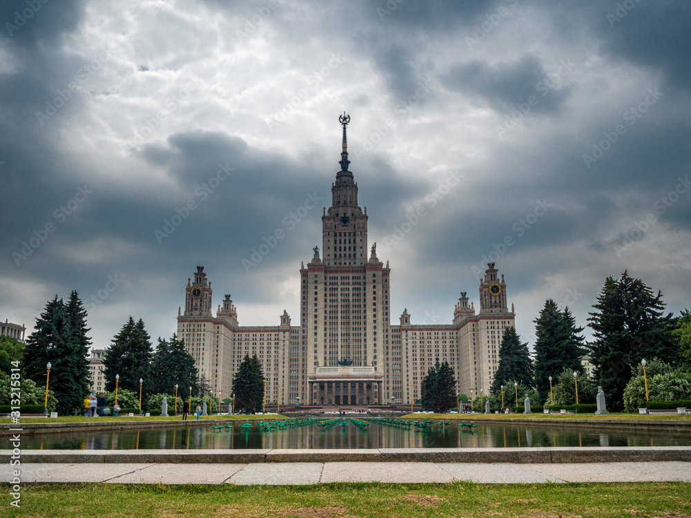 Moskau International University with dark sky clouds before huge thunder storm