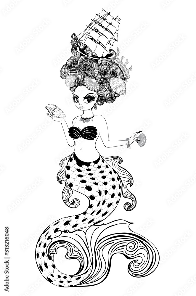 Fototapeta premium Mermaid with rococo hair