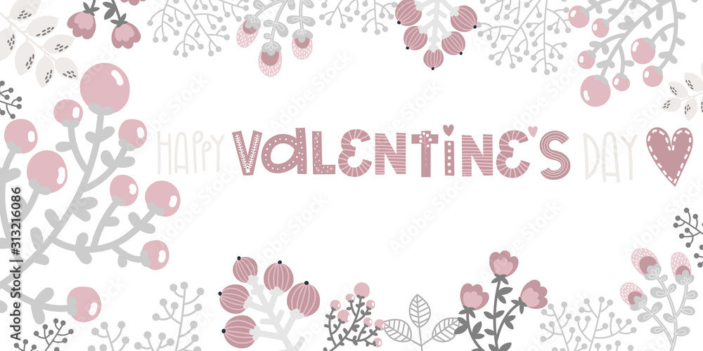 Valentine's day, wreath and flowers greeting card template for congratulations, pink love lettering vector illustration