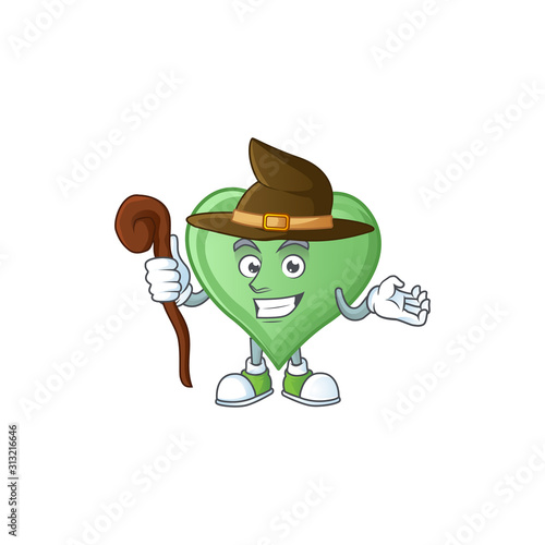 cartoon mascot style of green love dressed as a witch