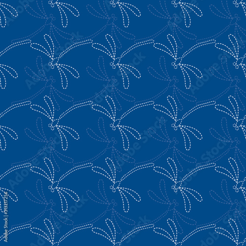 Seamless vector pattern background with dragonflies in japanese embroidery style. 