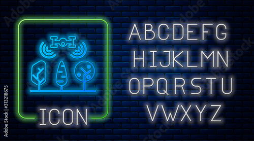 Glowing neon Smart farm with drone control and tree icon isolated on brick wall background. Innovation technology for agricultural company. Neon light alphabet. Vector Illustration