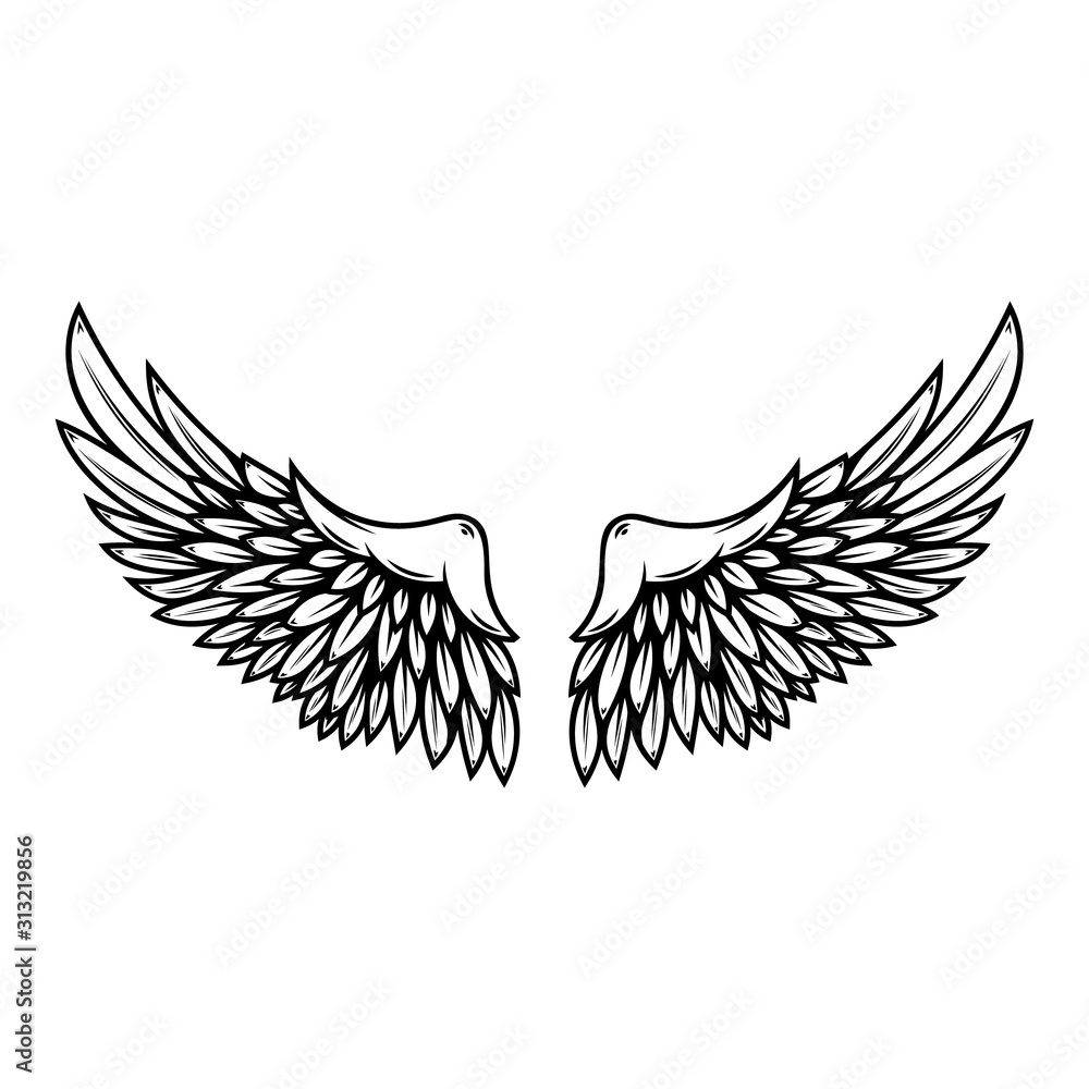 Fototapeta premium illustration of wings in tattoo style isolated on white background. Design element for logo, label, badge, sign.