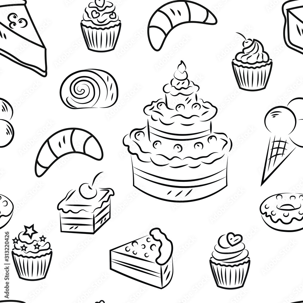 set of cakes and desserts, sweets, ice cream . Food , tasty seamless pattern . Concept for print, web design, cards, wallpaper, wrapping design set of cakes and desserts, sweets, ice cream . Food , tasty seamless pattern . Concept for print, web design, cards, wallpaper, wrapping design