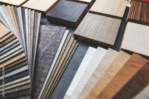 variety of furniture and flooring material samples for interior design