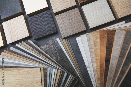 variety of wood texture furniture and flooring material samples for interior design photo
