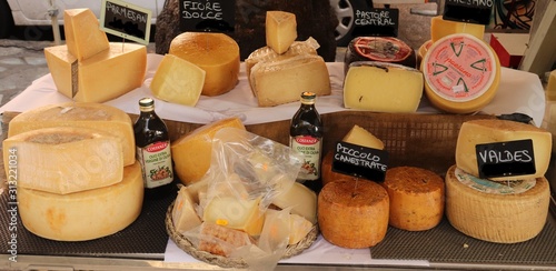 Different types of cheese on a market counter in the Corsican city of Ajaccio in September 2019