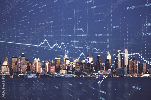 Financial graph on night city scape with tall buildings background double exposure. Analysis concept.