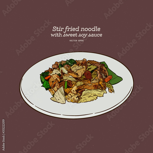 Thai food, stir fried rice noodle in soy sauce (Pad See Ew), hand draw sketch vector.