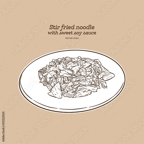 Thai food, stir fried rice noodle in soy sauce (Pad See Ew), hand draw sketch vector.