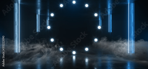 Smoke Foggy Sci Fi Futuristic Studio Lights Led Glowing White On Grunge Concrete Bar Dance Stage Podium Garage Underground Empty 3D Rendering © IM_VISUALS