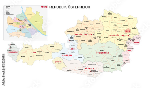 new administrative and political map of austria in german language, 2020