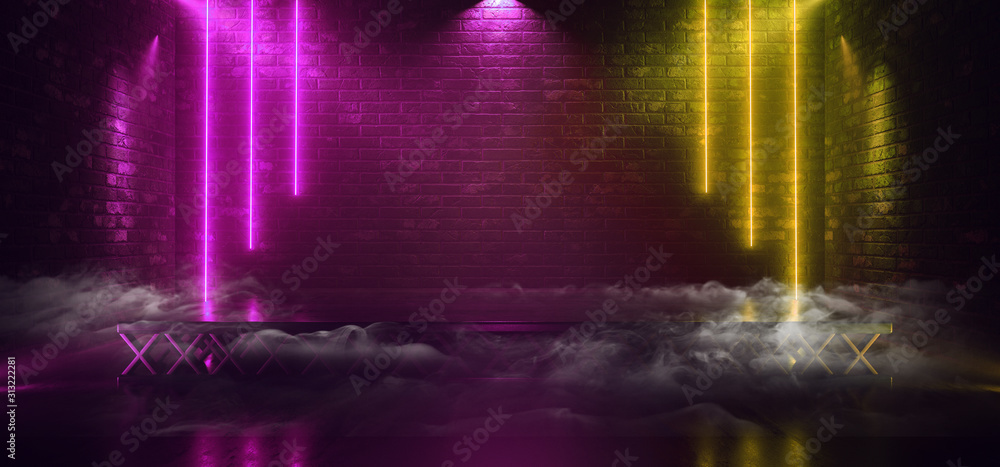 Smoke Fog Glowing Laser Neon Triangle Tubes Purple Red Yellow In Studio Club Night Bar Dance Stage Podium Sci Fi Retro Futuristic Cyber Concrete Floor Spot Light 3D Rendering