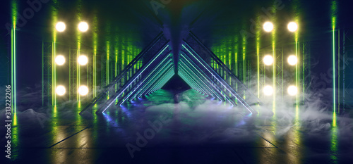 Smoke Fog Neon Laser Glowing Tubes Triangle Shape Sci Fi Futuristic Stage Podium Showcase Tunnel Garage Underground Construction Industrial White 3D Rendering
