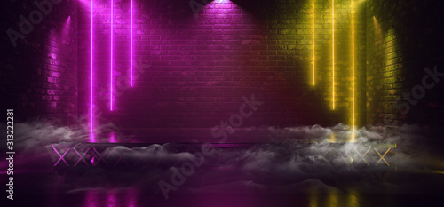 Smoke Fog Glowing Laser Neon Triangle Tubes Purple Red Yellow In Studio Club Night Bar Dance Stage Podium Sci Fi Retro Futuristic Cyber Concrete Floor Spot Light 3D Rendering