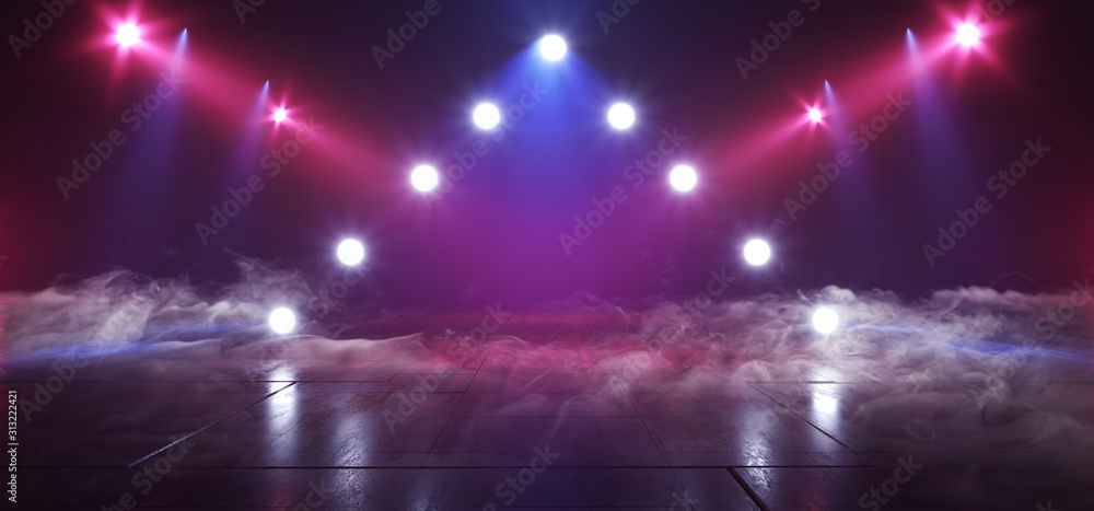 Smoke Fog Sci Fi Retro Glowing Purple Blue Lasers Spot Lights Empty Stage Podium Construction Showcase Night Club Garage Underground Cyber Background 3D Rendering