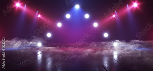 Smoke Fog Sci Fi Retro Glowing Purple Blue Lasers Spot Lights Empty Stage Podium Construction Showcase Night Club Garage Underground Cyber Background 3D Rendering