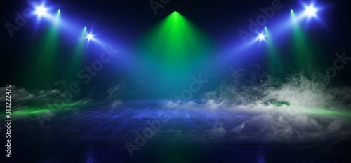 Smoke Fog Sci Fi Retro Glowing Green Blue Lasers Spot Lights Empty Stage Podium Construction Showcase Night Club Garage Underground Cyber Background 3D Rendering