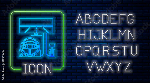 Glowing neon Racing simulator cockpit icon isolated on brick wall background. Gaming accessory. Gadget for driving simulation game. Neon light alphabet. Vector Illustration