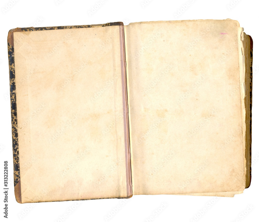 A photo of an opened old book with yellow aged pages. Can be used as a template or as a background.