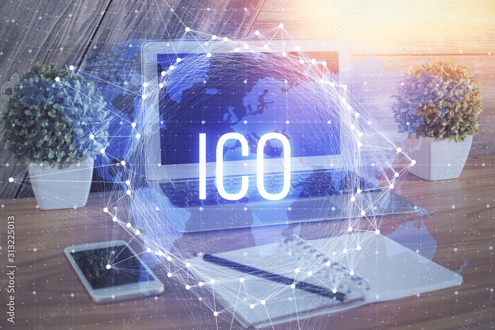 Double exposure of blockchain theme hologram and table with computer background. Concept of bitcoin crypto currency. Double exposure of blockchain theme hologram and table with computer background. Concept of bitcoin crypto currency.
