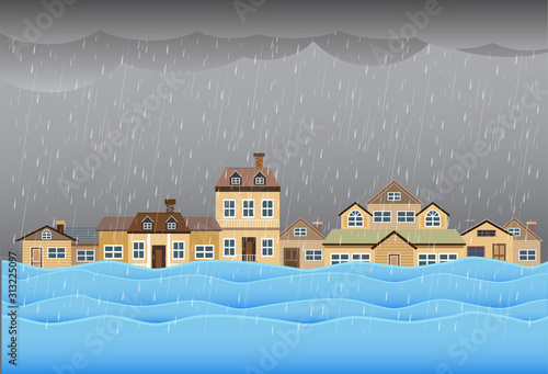 Flood disaster, flooding water in city street, vector design