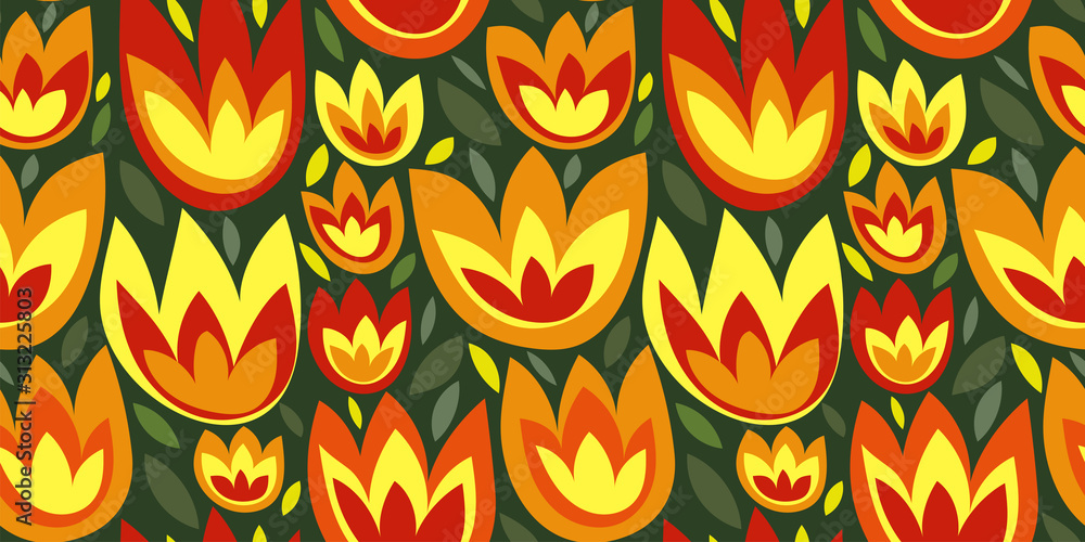 Fototapeta Abstrakcjonistyczny bezszwowy kwiecisty wzór z kolorowymi tulipanami w prostym skandynawa stylu. Chłodny wiosenny nadruk z geometrycznymi dekoracyjnymi żółtymi, pomarańczowymi, czerwonymi kwiatami, liśćmi. Kreatywny nowoczesny design. Wektor.