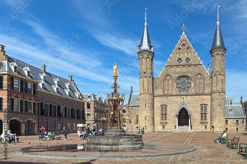 Ridderzaal and fountain in Binnenhof complex in The Hague, Netherlands