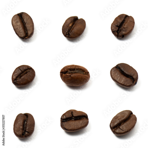 Variations of nine coffee beans, isolated macrophoto