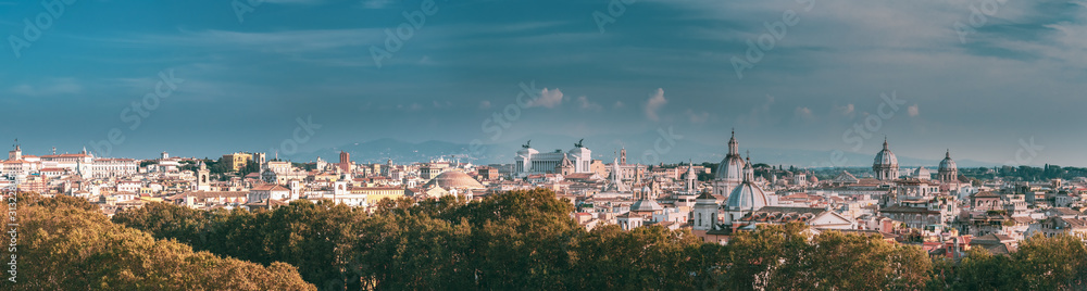Rome, Italy. Cityscape Skyline With Famous Pantheon, Churches As Sant'agnese, Santa Maria Della Pace, St. Salvatore At The Laurels And Vittorio Emanuele II Monument Or Altar Of Fatherland. Panorama