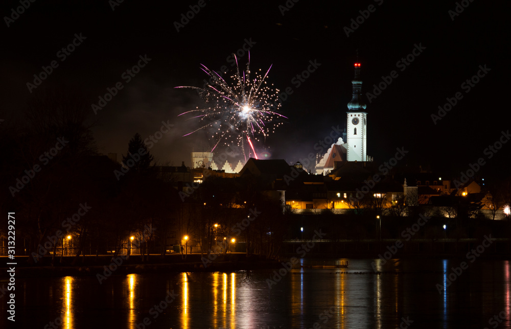 New Year celebration, fireworks in Tabor, Czech Republic.