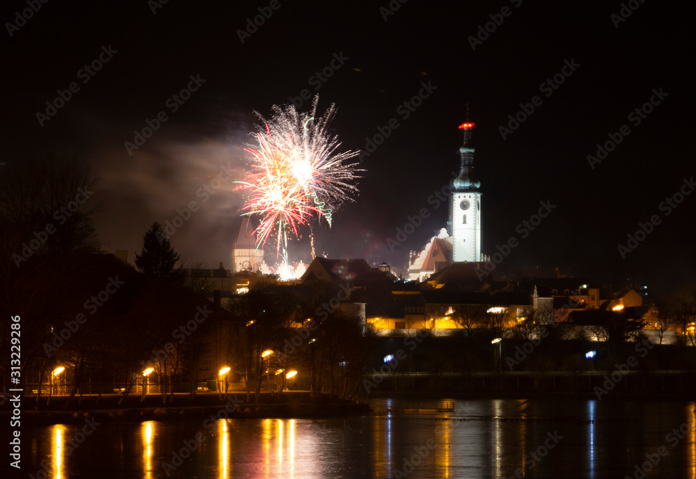 New Year celebration, fireworks in Tabor, Czech Republic.
