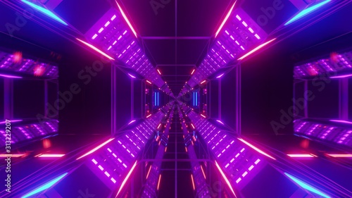 Fototapeta Naklejka Na Ścianę i Meble -  futuristic science-fiction tunnel corridor with metal steal wire-frame kontur and endless glowing lights 3d illustration background wallpaper graphic design
