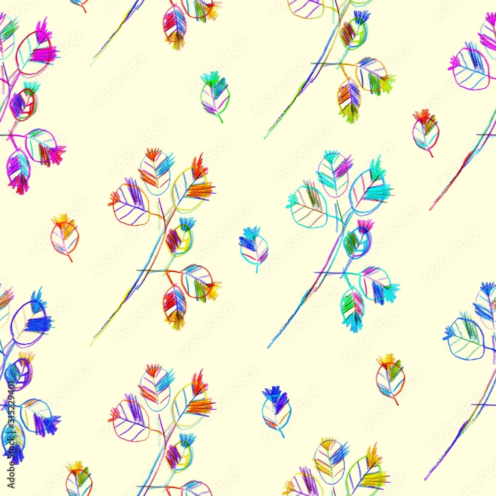 Children's drawing style, flowers seamless pattern. Multicolored naive style floral pencil hand drawn. Design for fabric, wallpaper, kids room, packaging, paper, print. Color design.