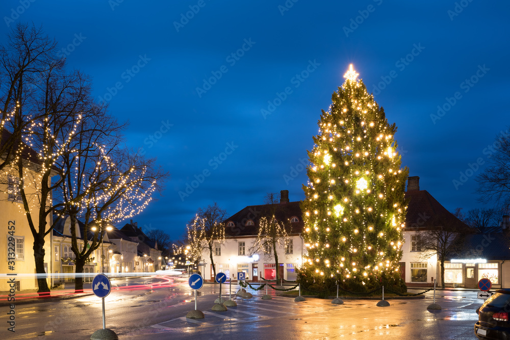 Kuressaare, Estonia. Christmas Tree In Evening Night Christmas Xmas Festive Illuminations