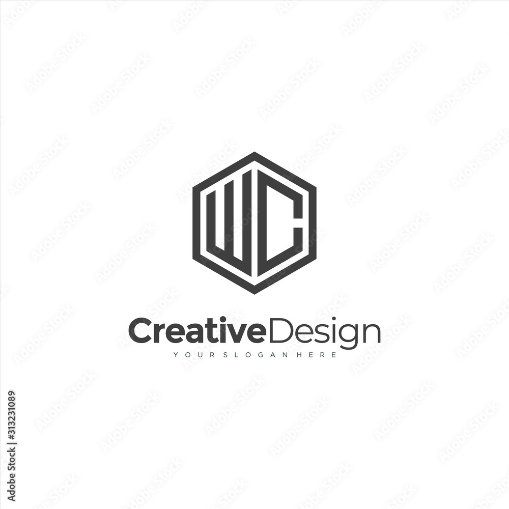 Initial WC letter WC, minimalist line art hexagon logo, Black color minimalist line art Polygon logo Initial WC letter WC, minimalist line art hexagon logo, Black color minimalist line art Polygon logo