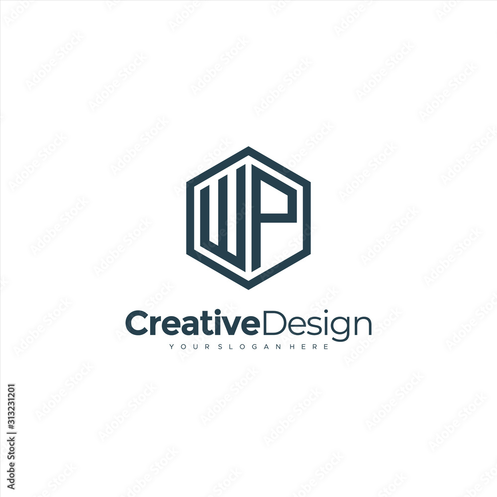 Initial WP letter WP, minimalist line art hexagon logo, Black color minimalist line art Polygon logo Initial WP letter WP, minimalist line art hexagon logo, Black color minimalist line art Polygon logo