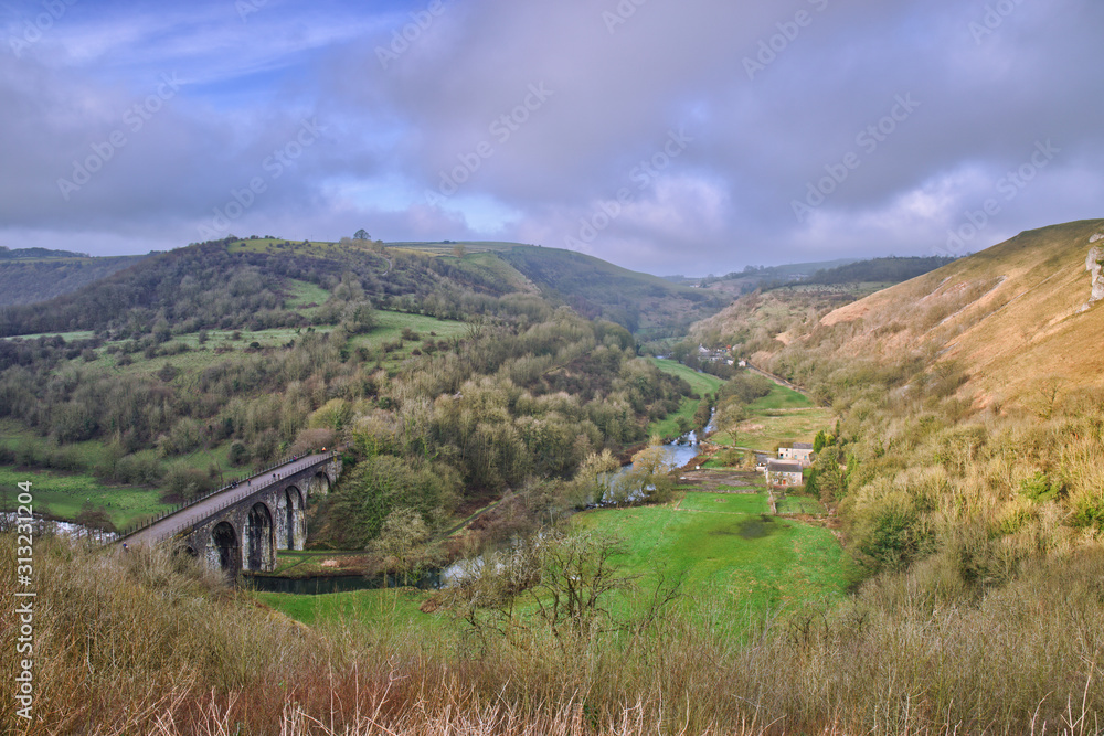A view of the Wye Valley from Monsal Head in the Derbyshire Dales, Peak District UK