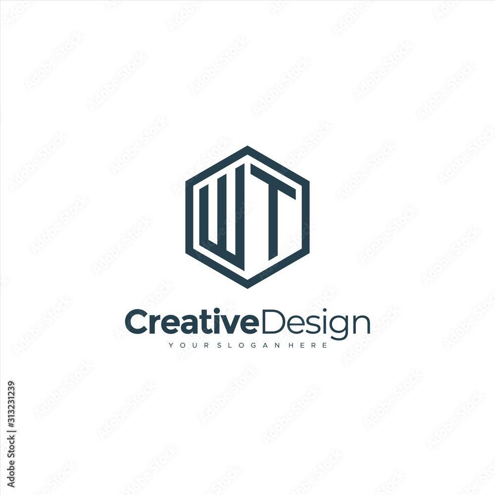 Initial WT letter WT, minimalist line art hexagon logo, Black color minimalist line art Polygon logo Initial WT letter WT, minimalist line art hexagon logo, Black color minimalist line art Polygon logo