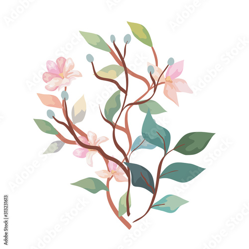 cute flowers with branches and leafs isolated icon vector illustration design