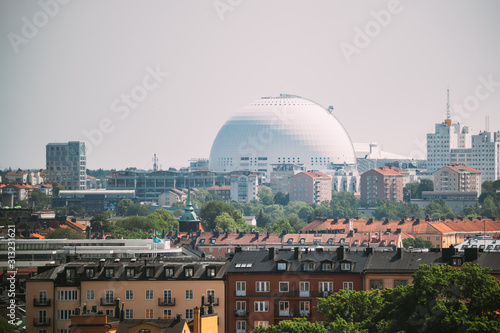 Stockholm, Sweden. Ericsson Globe In Summer Skyline. It's Currently The Largest Hemispherical Building In The World, Used For Major Concerts, Sport Events photo